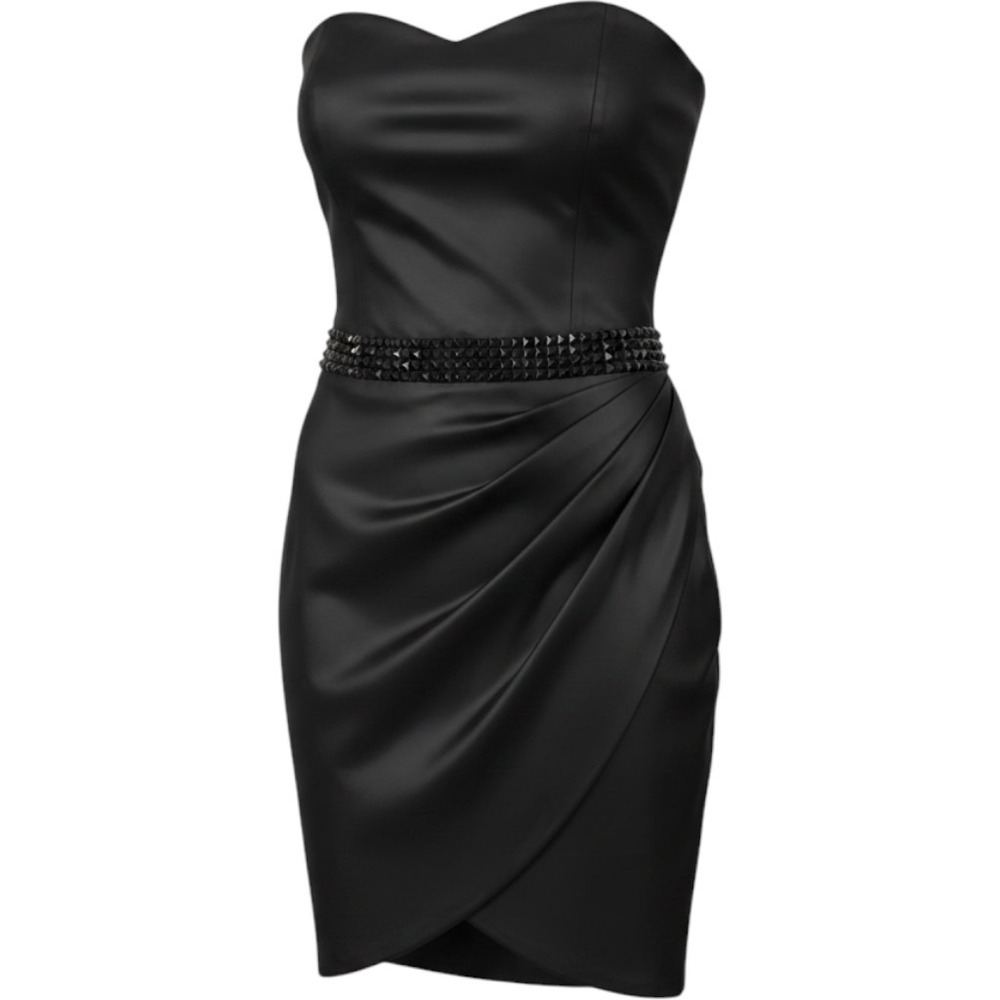 Vintage Cache Cocktail Dress Size 12 Black Studded Satin Strapless Draped LBD